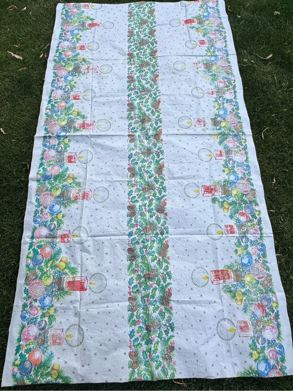 1950’s 8 Foot Xmas Plastic Table Cloth - Rectangle Vintage Christmas Table Cloth